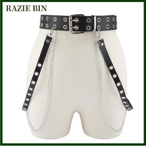 RAZIE BIN Punk Gothic Faux Leather Belt Women Adjustable Metal Chain Ring Waist Belt