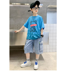 Quần áo bé trai size đại 28kg đến 45kg phong cách Hàn Quốc với áo ngắn tay và quần short jean túi hộp đồ bộ bé trai mùa hè 2023 hàng Quảng Châu cao cấp