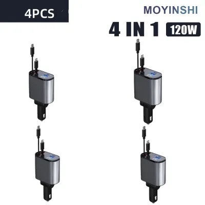 4 In 1 Car Fast Charger 120W high quality socket outlet Multiple cable splitter with Voltmeter Type C for Cellphone Iphone 4 USB Port Charger 180° Rotation Retractable Universal Car Accessories