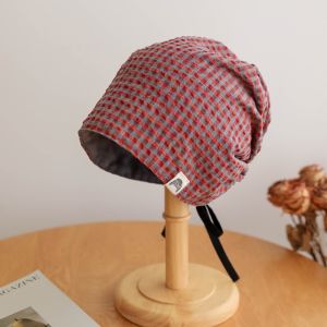 666KKEXS Plaid Pattern Slouchy Beanie Foldable Cotton Fabric Plaid Skull Cap  Loose Fit Knit Hat Casual Daily Wear