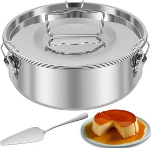 Flan Mold with Lid 7.5inch Flan Mold for Fast Pot 6QT to 8QT 304 Stainless Steel Molde Para Flan with Handle 1.5QT Round Flan Molds for Baking Cake Baking Flan Maker for Cake Pudding Cheesecake Crepe