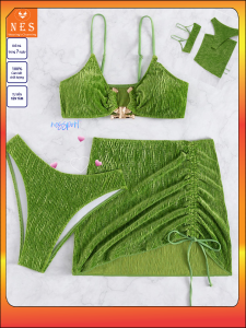 Bikini Đi Biển đồ bơi nữ set váy 3 món tam giác khoen sừng trâu kèm váy rút sang chảnh bikini quyến rũ NES ST001