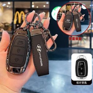 Zinc Alloy Leather Car Key Case Key Holder For Hyundai Tucson Solaris Sonata Hybrid Nexo Nx4 Santafe Dn8 2020 2021 2022Remote Key Holder Car Key Case Fob Shell