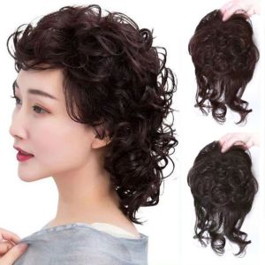 KINTHAZER Corn Wave Synthetic Topper Hairpiece Clip in Wool Curl Short Curly Hair Full Cover Seamless Head Top Hair Patch Covered White Hair