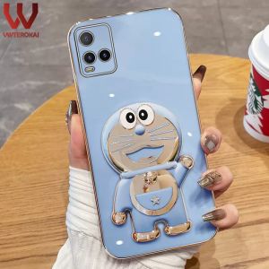 Electroplated 3D cartoon Doraemon stand holder phone case For VIVO Y36 Y78 + Y21 Y21S Y33S Y21A Y21T Y33T Y35 Y16 Y02S Y22 Y91 Y93 Y95 Y91C camera protect Gold Plating Soft Silicone back cover