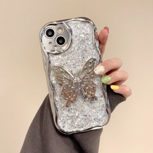 Butterfly Bracket glittering Pink Silver Hard Case for iPhone 11 13 14 15 15pro 14pro 13pro 12pro casing 15PROMAX 14PROMAX 13PROMAX 12PROMAX สำหรับ iphone14 Case