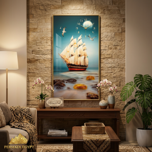 Permata Egypt Sailboat Wall Frame with Clock | Luxury Ocean Ship Wall Art | Modern Living Room Home Decor