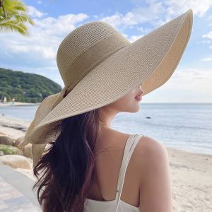 ZYJC Big Brim Summer Sun Hat Sun Protection Oversize Straw Hat Fashion Bowknot Beach Cap for Women