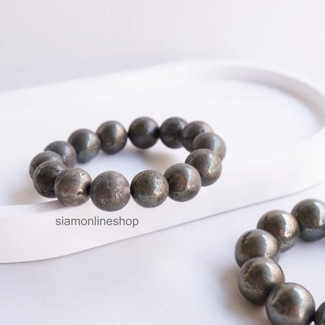 PYRITE ไพไรต์ เพชรหน้าทั่ง เลือกขนาดเม็ดหินได้ (4-14 มม) หินแห่งการดูดทรัพย์ ดูดเงิน สร้อยข้อมือหินแท้