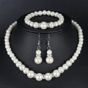 [COD]  New Three-piece Upscale Pearl Necklace Earrings Bracelet Set Fashional Bride Wedding