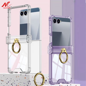 Luxury Transparent Case for Samsung Z Flip 7 Ring Holder Airbag Hinge Protection Clear Cover for Samsung Galaxy Z Flip 6 7 5