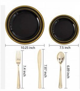 Elegant Gold Rim Disposable Plastic Plates Set - White/Black 25pcs Dinner & 25pcs Dessert Plates for Parties & Weddings