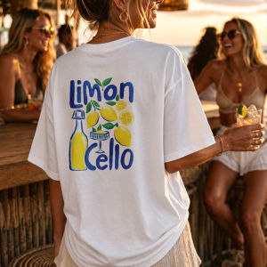 [Local Stock] HBESTY  Lemon-Themed Crewneck T-Shirt Oversized Fit Casual Summer Graphic Tee with Bottle Cocktail Glass Leaves Print Women Clothing