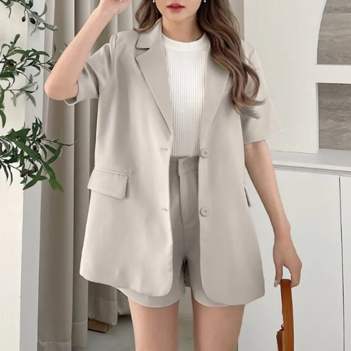 BRANCHÉ Blazers for Women Summer Casual Workwear Plain Short Sleeve Lapel Single Breasted Basics Blazers B250211