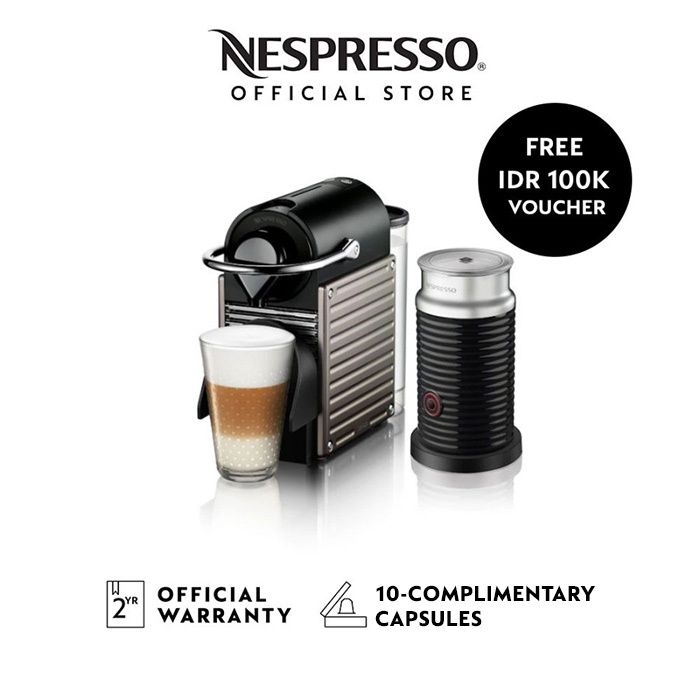 NESPRESSO Pixie Coffee Machine Titanium, with Aeroccino3 Black Lazada