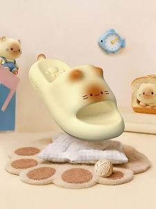 Cute cartoon little black cat paw slippers for women in summer couples home non-slip silent bathroom shower sandals for men