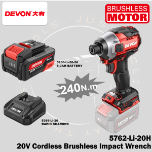 DEVON 5762-Li-20H 20V Cordless Brushless Impact Wrench / Impact Driver 6.35mm (1/4”) 240Nm