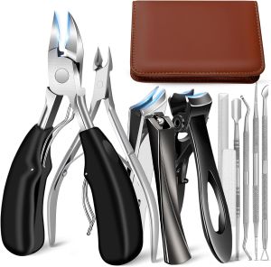 10Pcs Nail Clippers Set for Seniors for Thick Ingrown Toenail Travel Case Professional Heavy Duty Wide Jaw and Slanted Nail Cutter with Nail Tool Kits All in 1 Mani Toe Nail Kit for Men Women