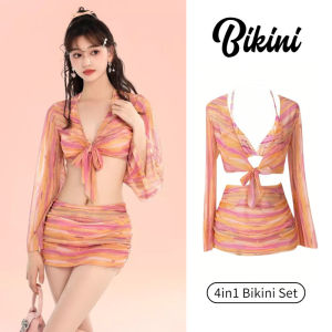 Korean Style 4in1 Bikini Set Slimming Fit Separated Swimwear with Cover Up Beach Hot Spring Vacation