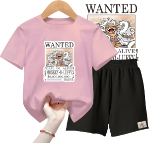 Setelan Kaos Anak Laki Laki WANTED LUFFY Ukuran S-XL Hitam