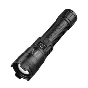 Waterproof LED Display Type-C Rechargeable Flashlight Zoomable Long Beam with Slip-Resistant Grip Compact for Outdoor
