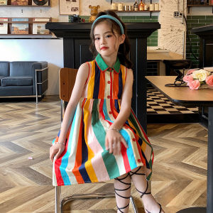 Original Childrens Wear Girls Rainbow Contrast Tank Top Skirt Summer 2024 New POLO Collar Striped Dress