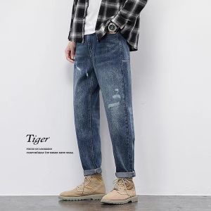 celana jeans pria terbaru 2024 sobek retro biru baggy pants straight cowok denim dewasa casual korea