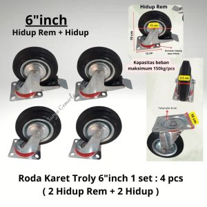 Roda Karet Troli Troly 6 inch 1 set : 4 pcs ( 2 H R + H )
