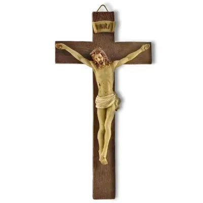 【Customer favorite】 Handpainted Wood Textured 23 Cm Tall Resin Crucifix Wall Cross Jesus Cross For Wall Decoration Religious