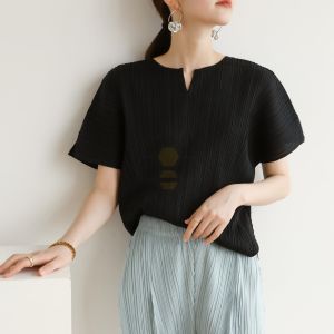 ﹊✔ 8198 Average Size Summer Pleated Large Size Casual Loose Small V Split Collar Bat Sleeve T-Shirt