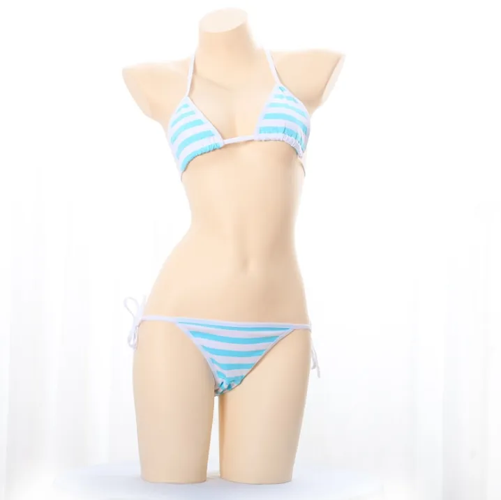 Ready Stock Women s blue and white stripe Lace Up Bikini anime