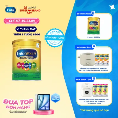 [CHỈ TỪ 19-21/08 MUA LÀ CÓ QUÀ] Sữa Bột Enfagrow A+ Neuropro 4 830g với DHA giúp phát triển não bộ cho Trẻ Từ 2 – 6 Tuổi