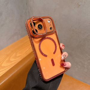 Luxury Diamond Magnetic Hard Case For IPhone 17 Air 16e 15 14 13 12 Pro Max Plus Phone For Magsafe Lens Holder Stand Cover