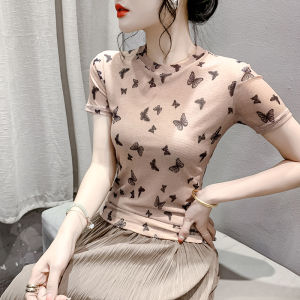 Yimei phong cách châu âu áo thun ngắn tay in giảm tuổi cho nữ áo lưới nơ đa năng dáng ôm mới mùa hè 2024