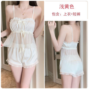 Comfortable and Smooth Satin Sleepwear Light Luxury Tempting Mesh Lazy Top and Shorts Pyjamas Woman Summer Home Set
