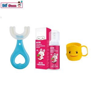 Set 3 chi tiết bàn chải đánh răng chữ u cốc và kem đánh răng silicon cho bé Shop Bố Sam
