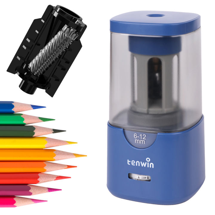 Tenwin Electric Pencil Sharpener - Super Fast For No.2, Colored, & Sketch Pencils (6-12mm), Auto-Stop, 2 Sharpness Settings - White