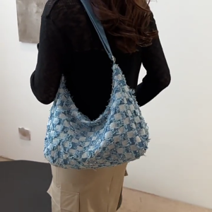 ผ้าเดนิมอันสมัยมีพู่กระเป๋าสะพายข้างกางเกงยีนส์ลำลองพร้อมกับสายปรับได้กระเป๋าถือสะพายไหล่ที่ไม่มีความสุขสำหรับผู้หญิง