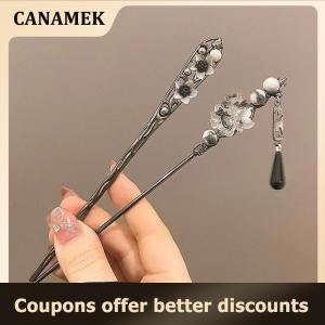 【 CANAMEK 】 Retro Chinese Style Flower Hairpin Ink Colored Flower Tassel Hair Stick For Women Elegant Ponytail Holder Jewelry Hair Accessory