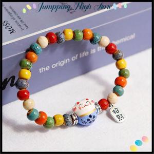 【Jumpping】 สร้อยข้อมือแมวนำโชคน่ารักสำหรับผู้หญิงสร้อยข้อมือลูกปัดหลากสีปรับได้สร้อยข้อมือจี้แมวเซรามิกสไตล์จีน