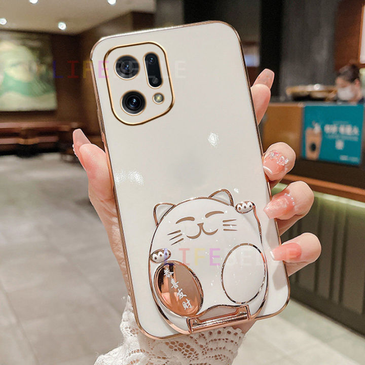 LIFEBELLE Casing for OPPO Find X3 Pro X5 Pro Case, Cute Lucky Cat Stand  Holder Soft Plating Phone Case Fashion Simplicity Couple Shockproof  Silicone