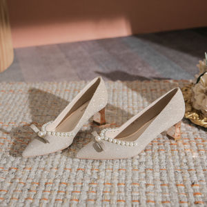 2024 Summer Champagne High Heels Womens Thick Heel Pearl Wedding Shoes Hexiu Wedding Dress Two Wears Bridal Shoes Middle Heel