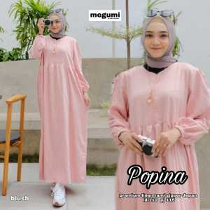 Baju Wanita Remaja Midi Dress Popina Bahan Linen Rami Fashion Muslimah