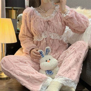 Winter New Plush Soft Warm Womens Pajamas Lace V-neck Long Sleeve 2 Piece Outfit Set Women Sweet Solid Color Princess Home Wear