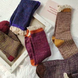 Women Japanese Retro Socks Autumn Winter Warm Middle Tube Socks Fashion Girl Sweet Thick Line Pile Socks Casual Lace Socks