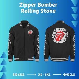 Zipper Bomber HSCLO Warna Hitam Musik Band Rolling Stone Bahan Fleece Jaket Lengan Panjang  Ukuran Jumbo Big Size XS S M L XL XXL 3XL 4XL 5XL