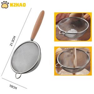 【N2HAO】 Wooden Handle Stainless Steel Small Colander Fine Mesh Oil Strainer Multi-function Filter Mesh Flour Sifter Kitchen Baking Tools
