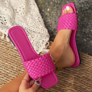 Large Size WomenS Flat Slippers For Outdoor Wear Casual Simple Solid Color With Woven Strap