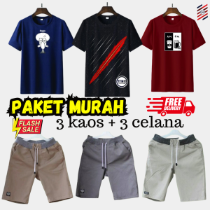 [ PAKET HEMAT 100 K ] 3 KAOS + 3 CELANA PENDEK PRIA DEWASA