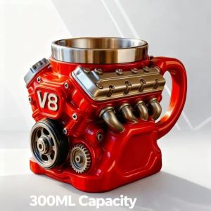 JURHOMIE Double Wall Engine Coffee Mug with Handle Retro Insulation Car Mug Personalized Realistic Design V8 Engines Stainless Steel Cup Gifts for Men and Boys